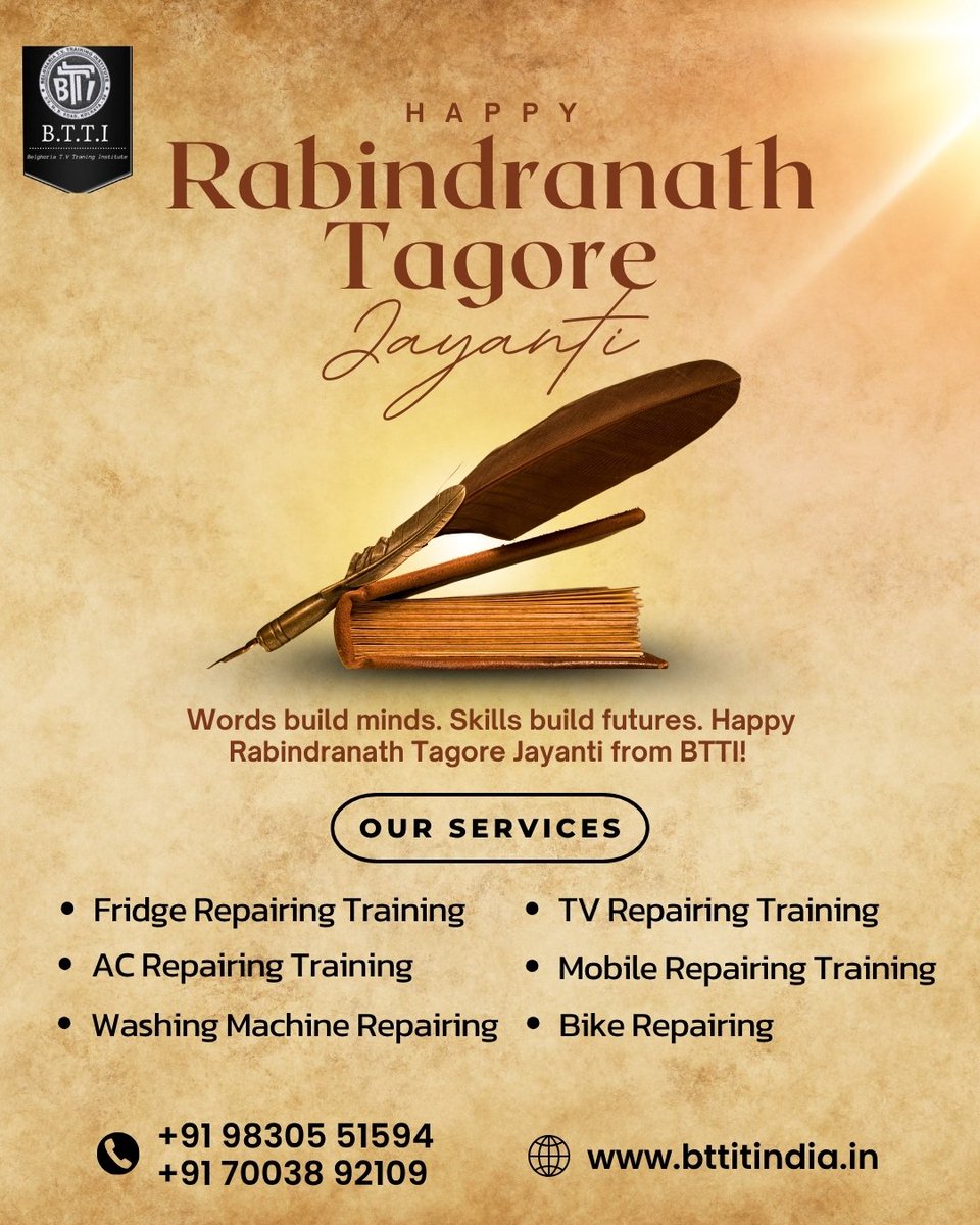 BttiIndia's tweet photo. Happy Rabindranath Tagore Jayanti from the BTTI family! 🌼

📞 +91 98305 51594 / +91 70038 92109
🌐 BTTI India

#RabindranathTagore #TagoreJayanti #BTTI #SkillDevelopment #TechnicalTraining #VocationalTraining #Education #CareerGrowth https://t.co/DuZRIyP4EX