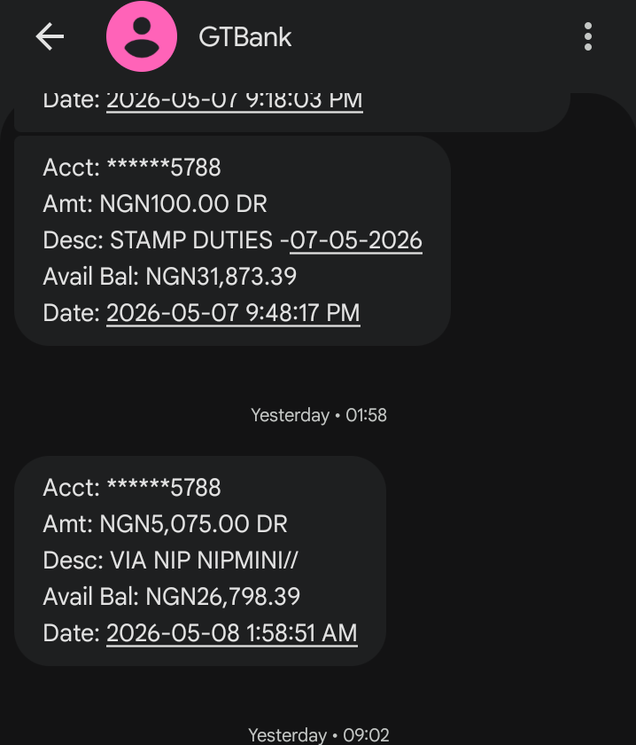 Hebron04's tweet photo. @gtbank @gtbank_help please why am I have a daily deduction of N5,075 for NIP NIPMINI after stamp and transfer duty charges have been deducted? https://t.co/TVNu1J6XQb