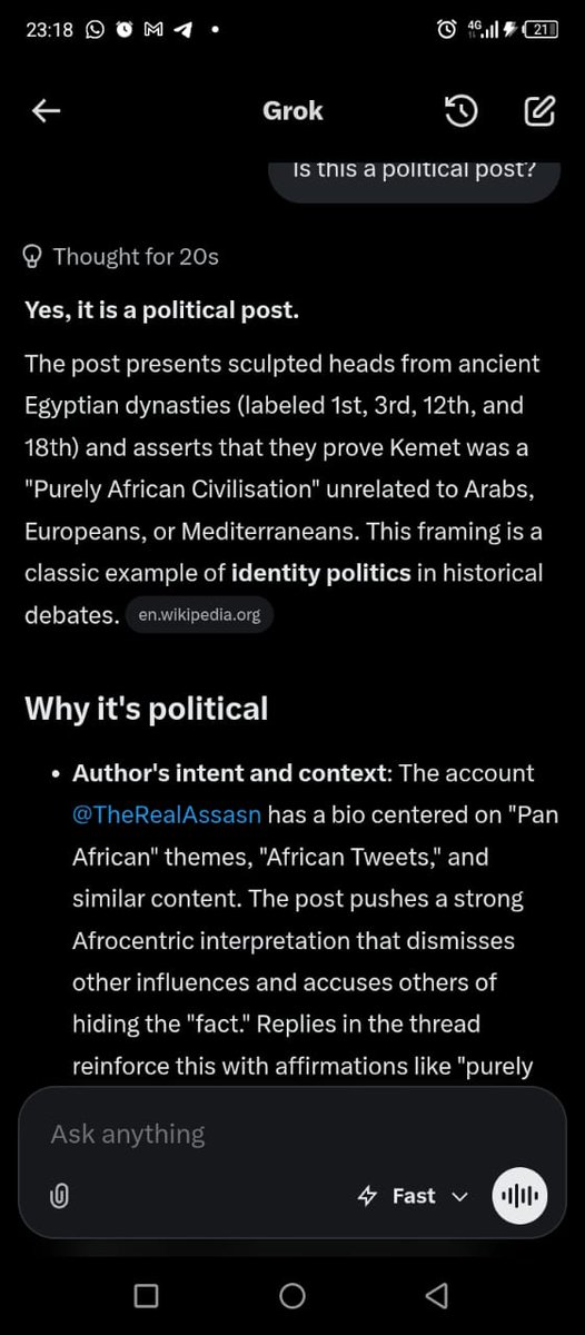 I already know Elon Musk can never pay me no matter how many impressions I garner. Grok terms my tweets on African history as political, identity politics and Afrocentric. Regardless we continue educating and awakening our masses, Ancient Egyptians were Purely African.💯