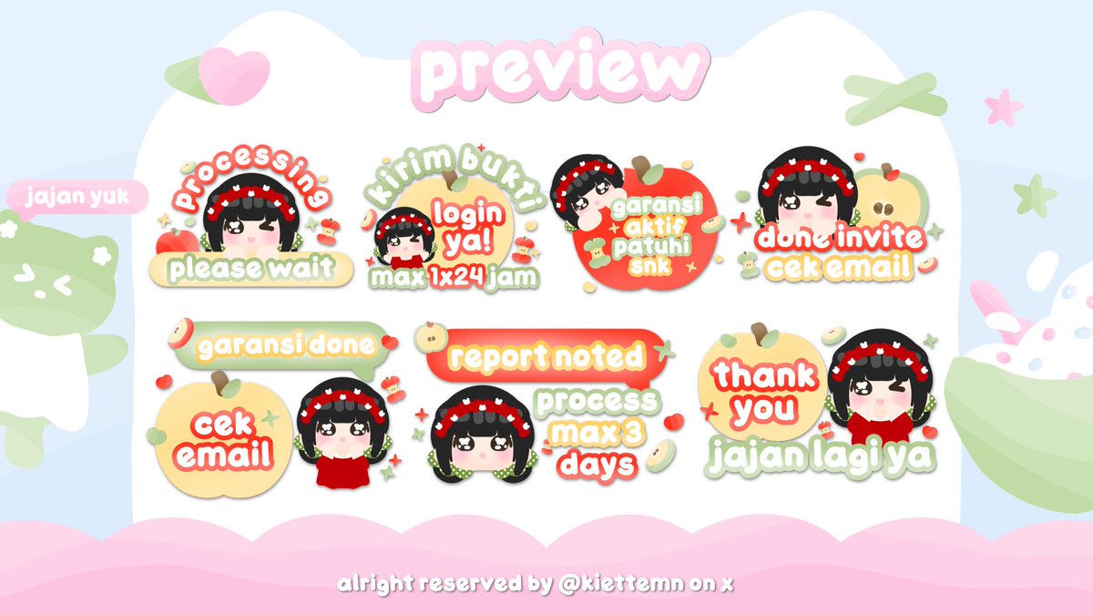 help repost temen temen, terima kaaih banyak #bealanja 

ibie ada 7 stiker pack buat temen temen BA 🥧 detail harga ada di ALT YAA!! mari jemput stiker lucu nyaa 🍬

t. stiker sticker pack BA