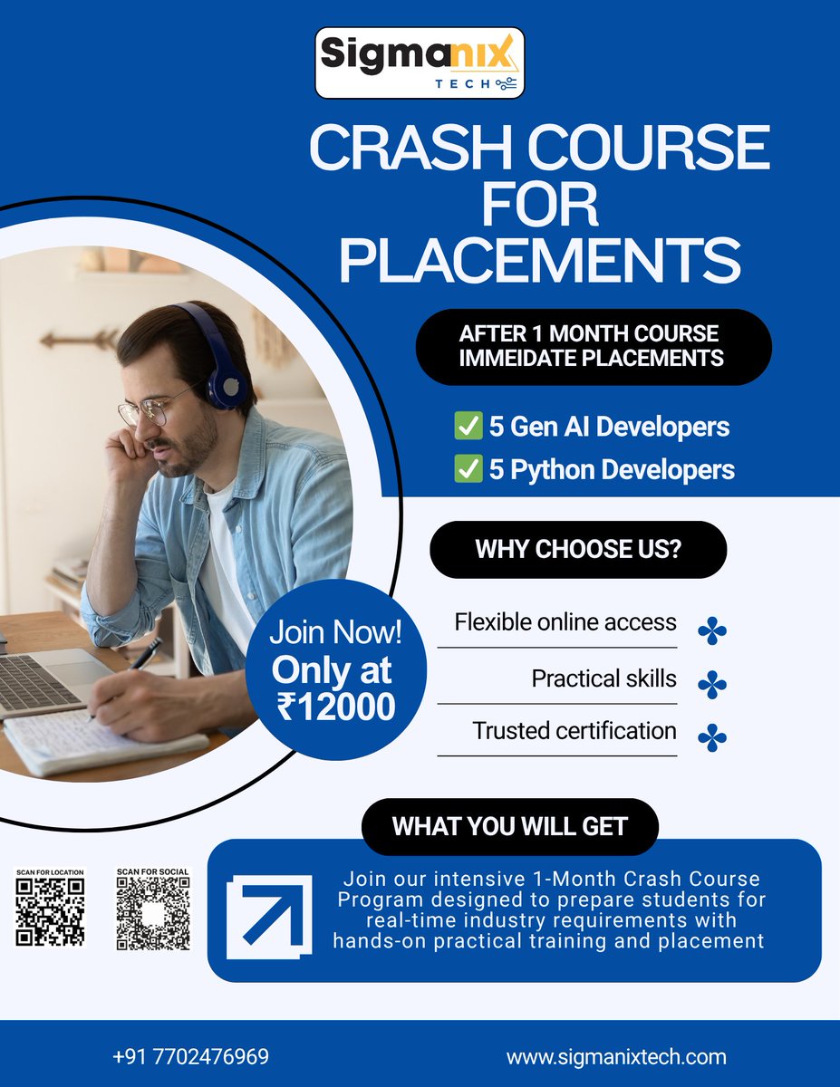 sigmanixtech's tweet photo. 🚀 CRASH COURSE FOR PLACEMENTS 🚀

Looking for:
✅ 5 Gen AI Developers
✅ 5 Python Developers
📚 1-Month Intensive Training
💼 Placement-Oriented Program
🎯 Real-Time Practical Learning
💰 Fee: ₹12,000
⏳ Limited Offer Valid for 1 Week

📞 +91 7702476969
🌐 Sigmanix Tech
#Gen AI https://t.co/Wm2DGlFARN