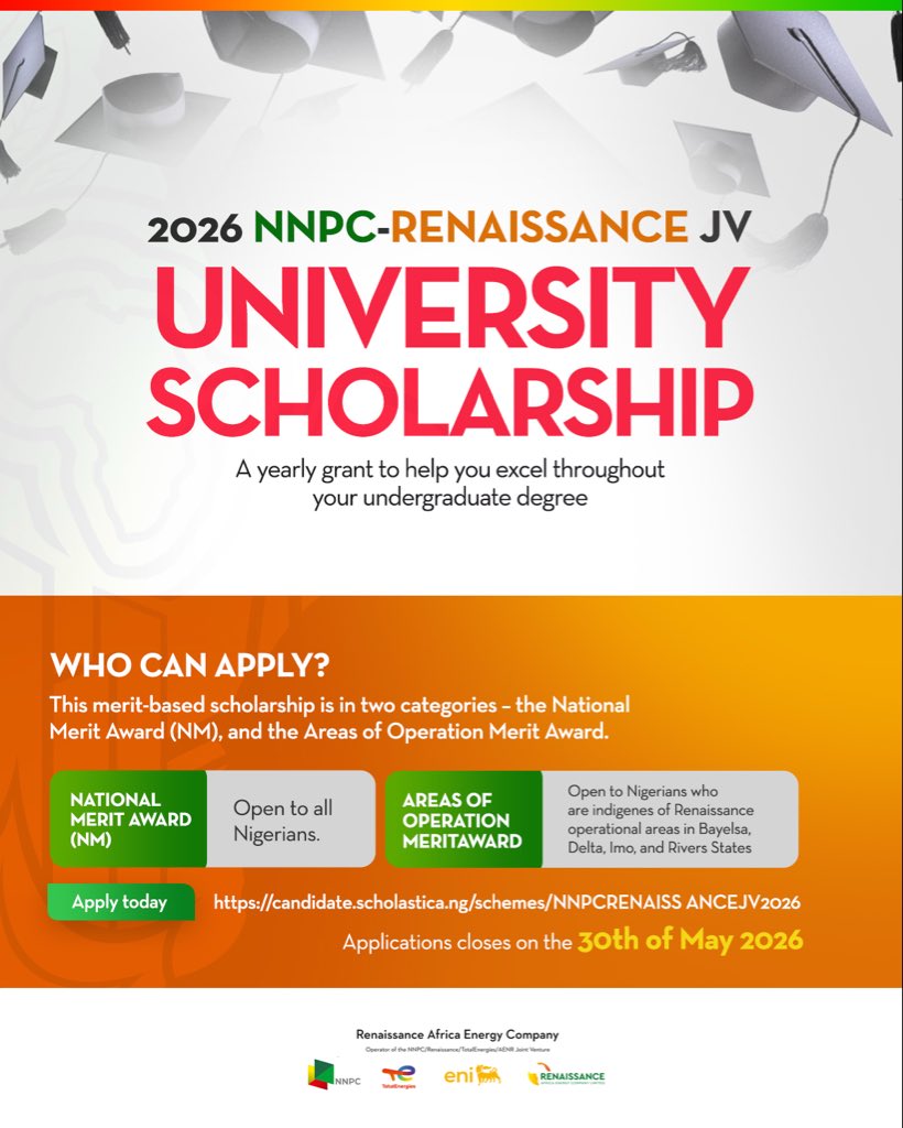 Renaissance_Afr's tweet photo. Your academic journey deserves the right support. Applications are now open for the 2026 NNPC-Renaissance JV University Scholarship Programme.

This annual scholarship grant is designed to support outstanding Nigerian undergraduates through their academic journey and empower the next generation of leaders.

The scholarship categories include:
• National Merit Award (NM) – open to all Nigerians
• Areas of Operation Merit Award – open to indigenes of Renaissance operational areas in Bayelsa, Delta, Imo and Rivers States

Apply here: https://t.co/nJ6RLew0yB

Application closes on 30 May 2026.

#WeAreRenaissance #EnergyLeadership
#NNPCRenaissanceJV #UniversityScholarship #EducationSupport #FutureLeaders #UndergraduateScholarship #RenaissanceAfricaEnergy #EmpoweringEducation #NigeriaStudents #ScholarshipOpportunity