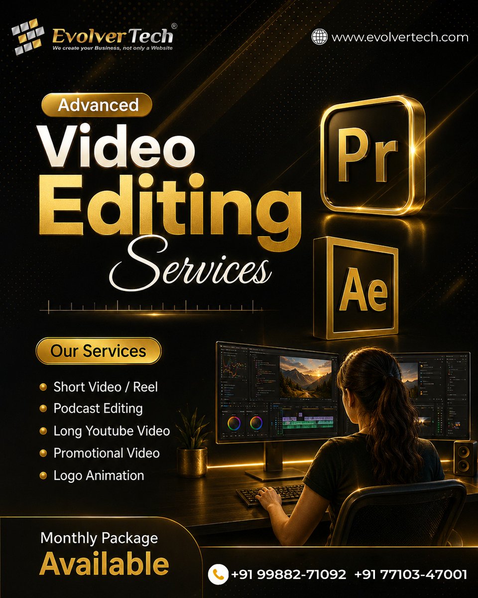 evolver_tech's tweet photo. 🎥 Make Every Second Count with Professional Video Editing!
Choose EvolverTech for creative, engaging, and premium-quality video editing services.

📲 Call us: +91 99882-71092, +91 77103-47001
👉 Visit us: https://t.co/r47lNy2AoO

#VideoEditor #SocialMediaVideos #CreativeAgency https://t.co/UITwHSUo6I