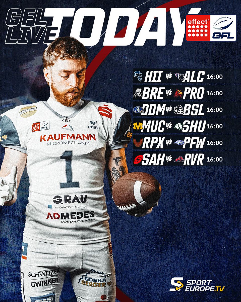 GFLinfo's tweet photo. Gameday! Heute geht sie los, die  effect® Energy GFL Saison 2026!

6 Spiele, 6 Live-Übertragungen, alle zu sehen auf https://t.co/xqEv4OlsoO oder in der Konferenz auf DF1 und  auf Twitch https://t.co/5in4aLXoqC !

#gfl #germanfootballleague #thisisgflfootball #americanfootball https://t.co/t3H0AU7Skf