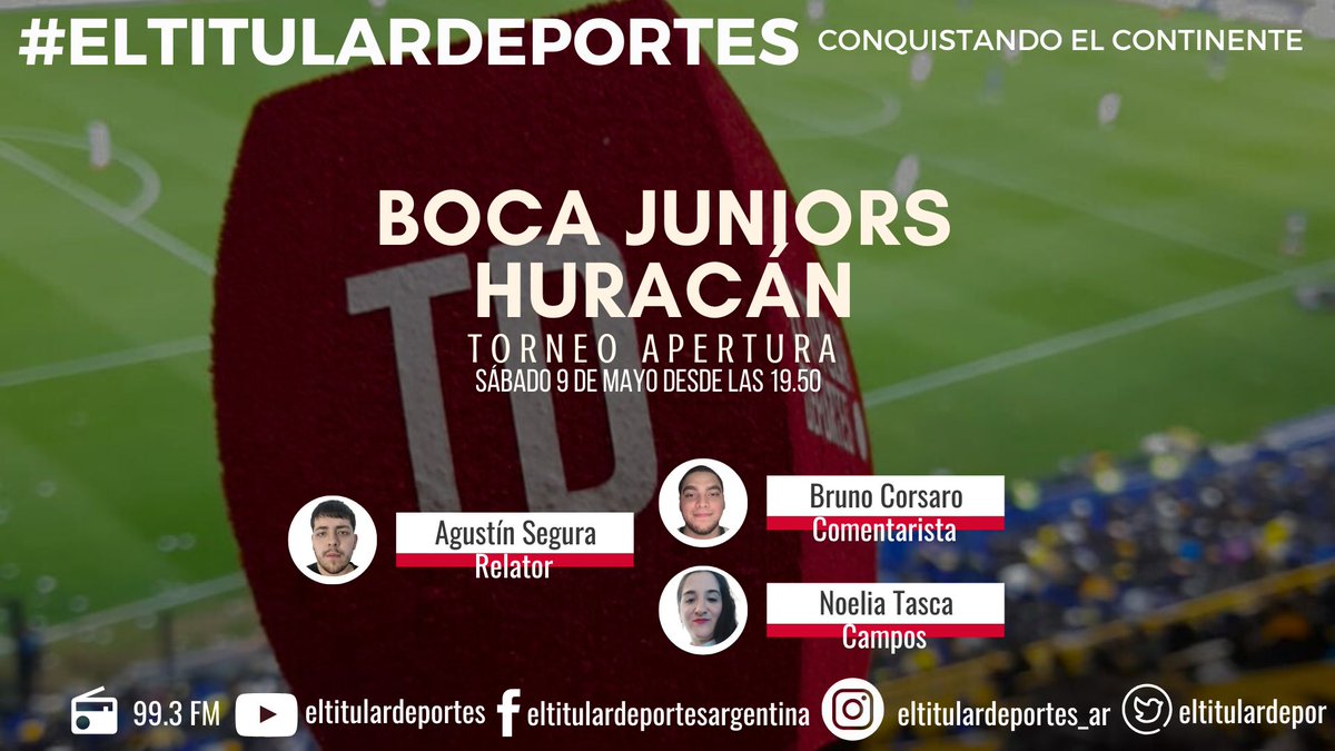 Hoy hay Torneo Apertura

#BocaJuniors vs. #Huracán
📻 99.3 FM
🖥️ lapoderosadigital.com.ar
📱Youtube.com/eltitulardepor…