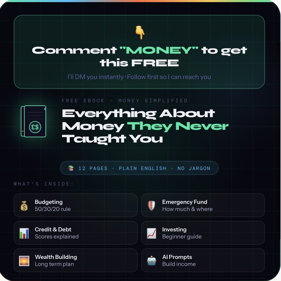 simplified1554's tweet photo. Nobody taught you this in school.

So I put it all in a FREE ebook. 📚

"Everything About Money
They Never Taught You"

Inside:
✅ Budgeting that works
✅ Emergency fund guide  
✅ Credit scores explained
✅ Investing for beginners
✅ Building long-term wealth
🤖 5 Claude AI prompts for income
🌍 Resources for every country

12 pages. Plain English. 
No jargon. No fluff.

Comment "MONEY" below 👇
and I'll DM it to you FREE.

Follow first so I can reach you!

♻️ Repost so others can get it 🔁

@simplified1554
🔗 https://t.co/eY2zXWbSAL

⚠️ Educational only.
Not financial advice.

#PersonalFinance #FreeEbook
#MoneyTips #FinancialFreedom
#SimpleMarket #MoneySimplified
#FinancialLiteracy #Investing
