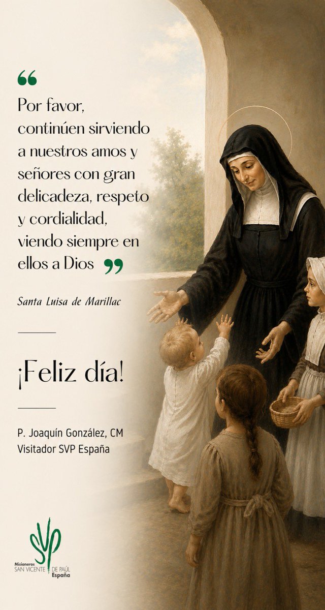 Hoy, fiesta de Santa Luisa de Marillac, es justo y necesario dar gracias a Dios por esta gran mujer y por el carisma recibido: “nuestra herencia son los pobres”.

Que Santa Luisa sea modelo y referente constante que ilumine y motive el momento presente que vivimos. 🙏

¡Feliz día