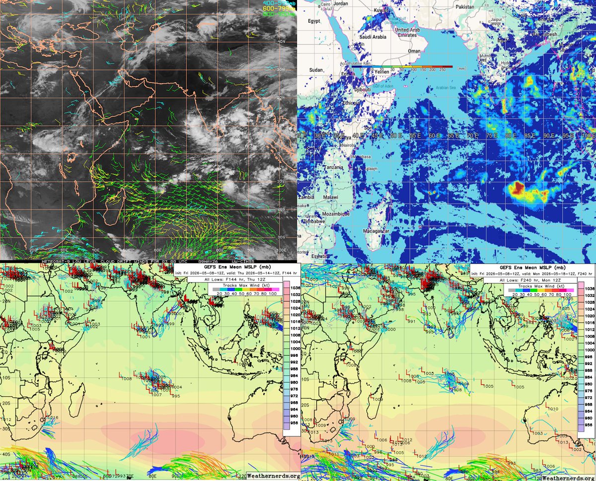 T2mike's tweet photo. #Tropical #Indian_Ocean #93S and possible S India. Area image 09/03-06UTC, 24 hour rain accumulation 09/05UTC, 09/0001UTC tracks and GFS 6 and 10 days.
Image 09/05UTC with 09/0001UTC tracks ensembles GEFS 09/0001UTC and ECMWF 08/18001UTC https://t.co/tLKnYwHv2v