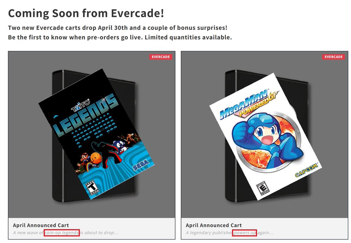 andycaomhanach's tweet photo. @evercaderetro Taito Arcade 4 - "A new wave of coin-op legends is about to drop."

Capcom Collection 1 - "A legendary publisher powers up again." https://t.co/uI8nohHx2Z