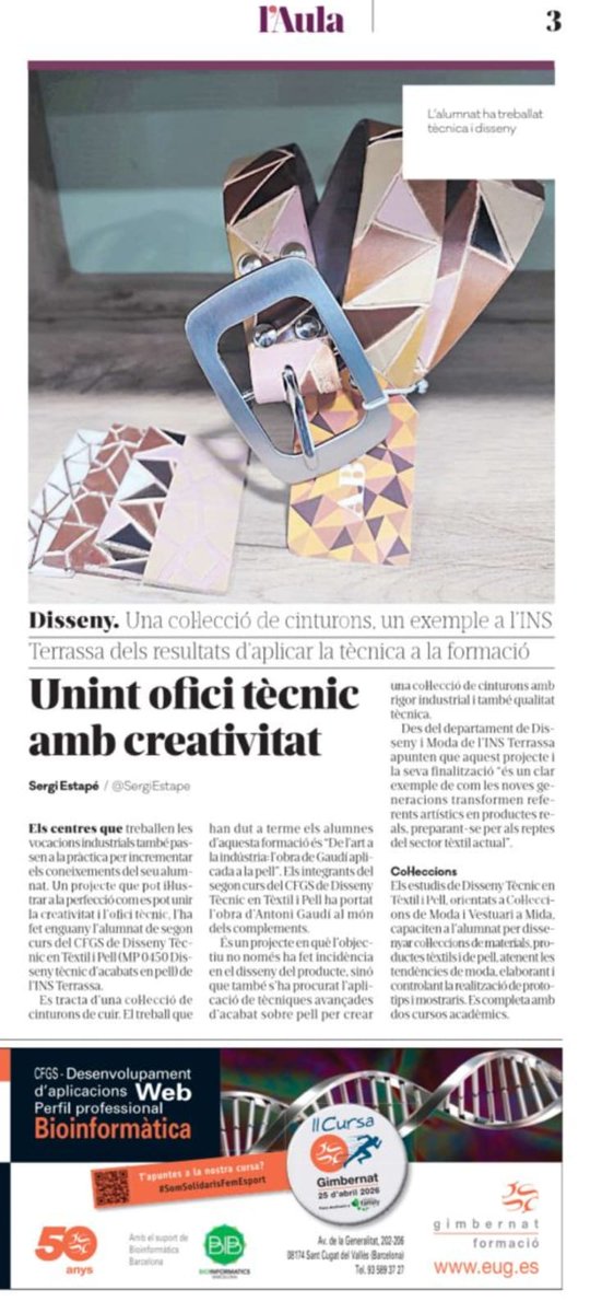 Ins_Terrassa's tweet photo. De l’art a la indústria: el talent de l’INS Terrassa arriba al Diari de Terrassa! 
Estem molt orgullosos de compartir el projecte de 2n del CFGS de Disseny Tècnic en Tèxtil i Pell. "De l'art a la indústria".
https://t.co/NkhK6MXavA
#institutdeterrassa #ciclesformatius #textil https://t.co/eqMKbnMHHZ