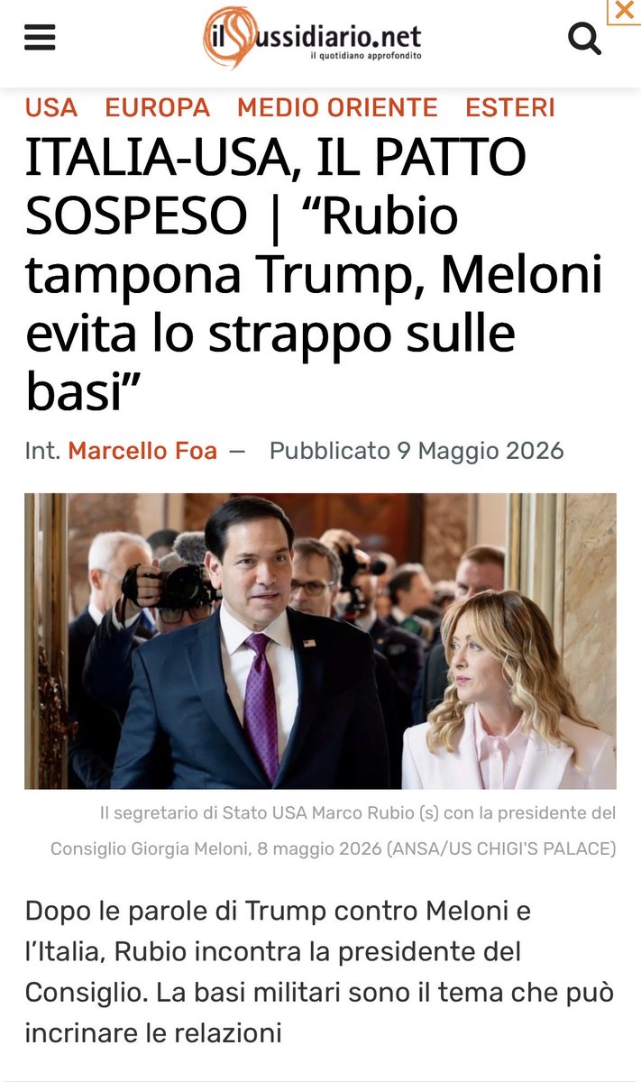 MarcelloFoa's tweet photo. Secondo alcuni giornali dopo l’incontro tra Rubio e la Meloni, resta il gelo tra Stati Uniti e l’Italia, secondo altri il disgelo è in corso. 
In realtà, Rubio è venuto a tamponare le uscite estemporanee di Trump e mi sembra che ci sia riuscito . 
Però la vera questione riguarda l’uso delle basi nel nostro Paese. 
L’Italia avrà davvero il coraggio di ritagliarsi maggiori spazi di autonomia? Per ora evidentemente no ma il tema è sul tavolo e non solo in Italia, come spiego in questa intervista a @ilsussidiario .

https://t.co/PNkaOxuNg8