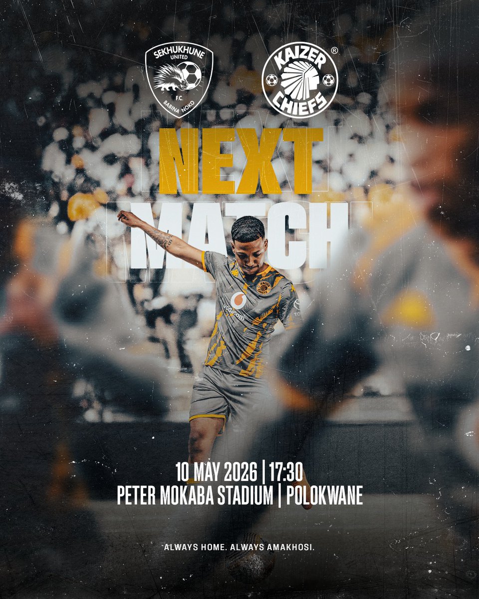 KaizerChiefs's tweet photo. Next Kaizer Chiefs Match!

🏆#BetwayPrem
⚽️Sekhukhune United vs. Kaizer Chiefs
👕First Team
🗓️Sunday 10 May 2026
🏟Peter Mokaba Stadium
🕞17h30
📺SuperSport 202
🎟R60, Computicket, Shoprite: https://t.co/NRVgSP2Vb5

#Amakhosi4Life #KCOneVoice #KCOneFamily #LoveAndPeace https://t.co/MRKnrnry0C