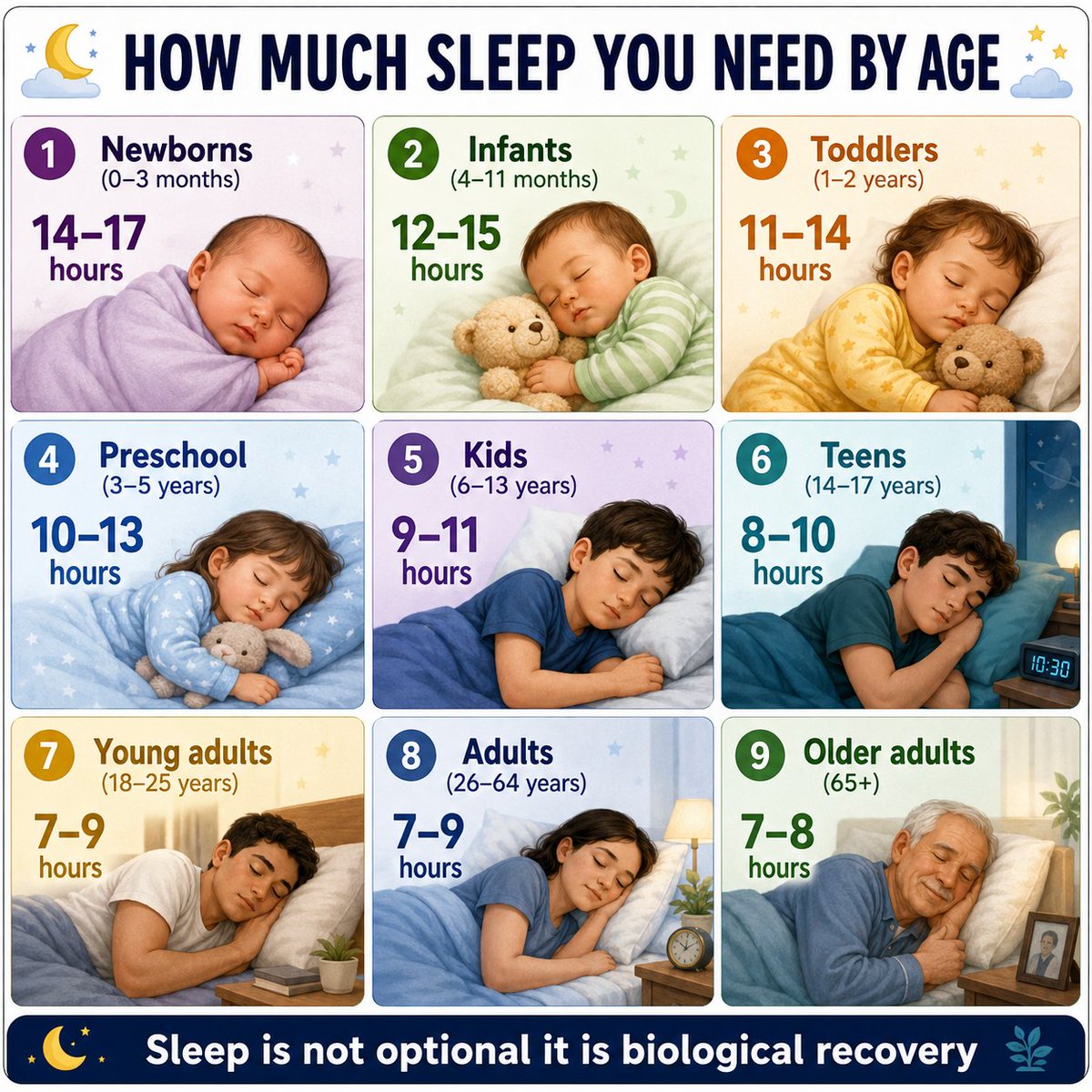 Globalstats_77's tweet photo. 🌙 HOW MUCH SLEEP YOU NEED BY AGE 😴

❶ 👶 Newborns (0–3 months) — 🛌 14–17 hours
❷ 🍼 Infants (4–11 months) — 🌙 12–15 hours
❸ 🧸 Toddlers (1–2 years) — 😴 11–14 hours
❹ 🎨 Preschool (3–5 years) — 💤 10–13 hours
❺ 🎒 Kids (6–13 years) — 🌜 9–11 hours
❻ 📚 Teens (14–17 years) — 🌌 8–10 hours
❼ 🧑 Young Adults (18–25 years) — ⏰ 7–9 hours
❽ 👨‍💼 Adults (26–64 years) — 🛏️ 7–9 hours
❾ 👴 Older Adults (65+) — 🌠 7–8 hours
✨ Sleep is not optional — it is biological recovery.