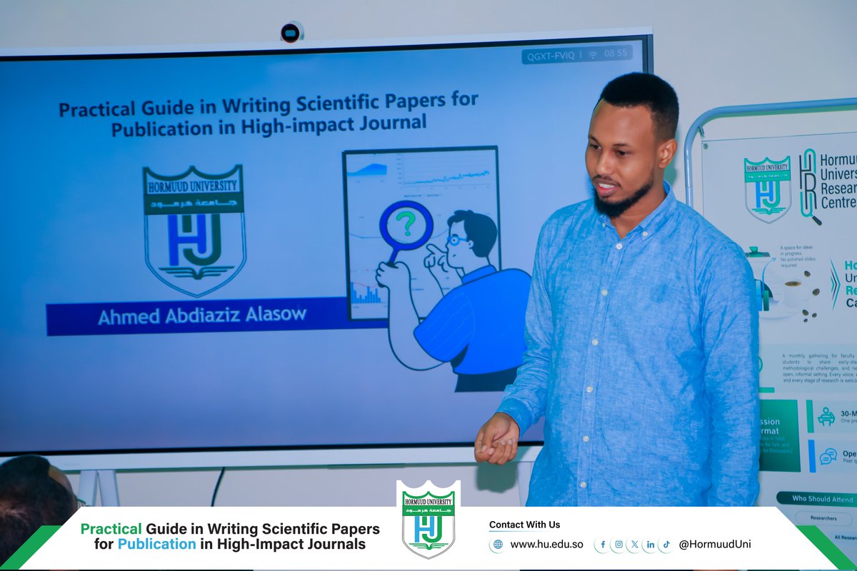 huresearchc's tweet photo. @huresearchc successfully conducted a research workshop on "Practical Guide in Writing Scientific Papers for Publication in High-impact Journal". Facilitated by Mr. Ahmed Abdiaziz Alasow, a PhD Candidate at @uputramalaysia, and Academic Staff at @HormuudUni.
#HURC #Research https://t.co/AgnzWVe2W4