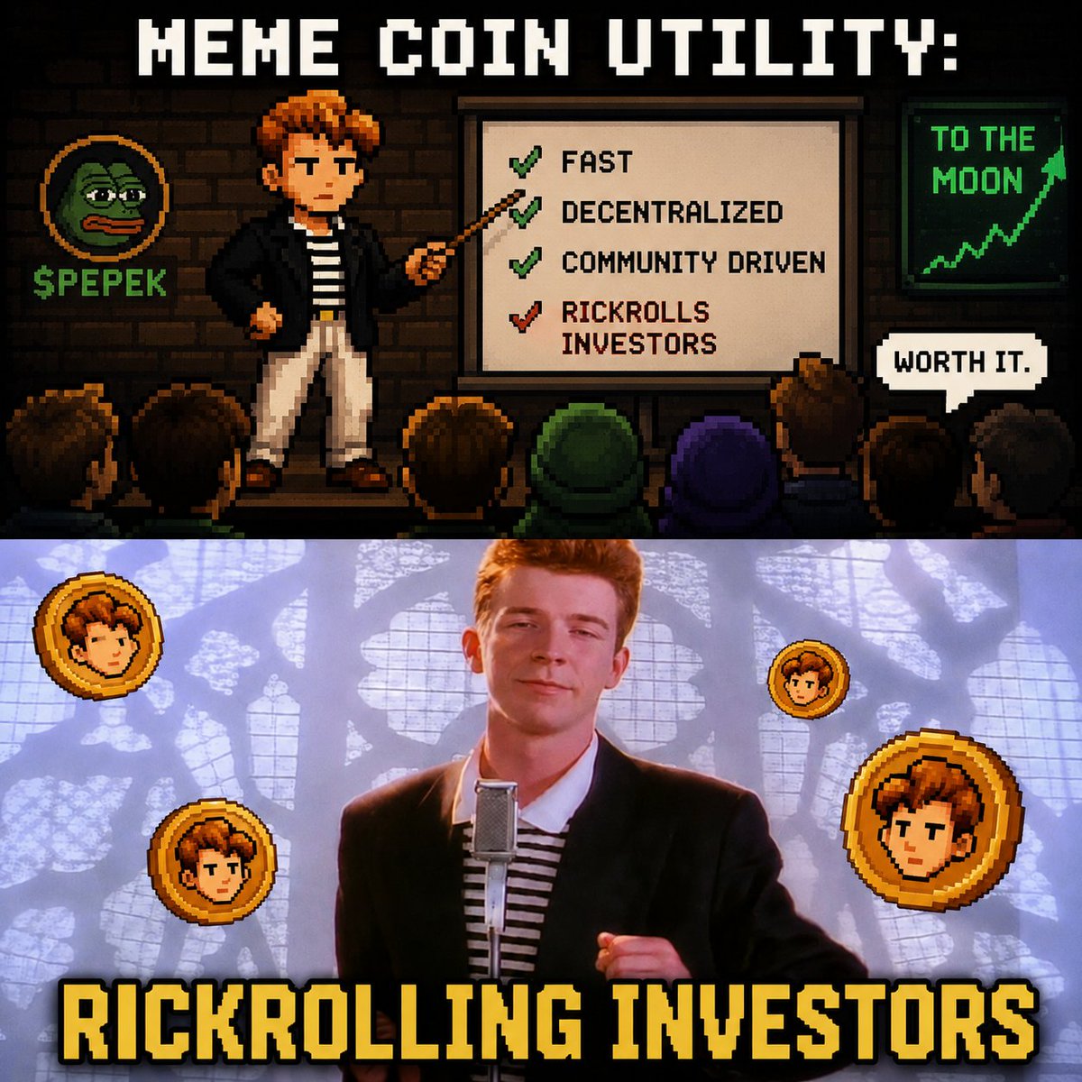 VictorBen001's tweet photo. When Solana degens click "free alpha" links
🎤 Rick Astley is already waiting.
"Never gonna give you up"
More like:
"Never gonna stop farming memes." 😂
Built for the trenches.
Built for the culture.
Built for the ti
#Rickroll https://t.co/7TKMHZEou0