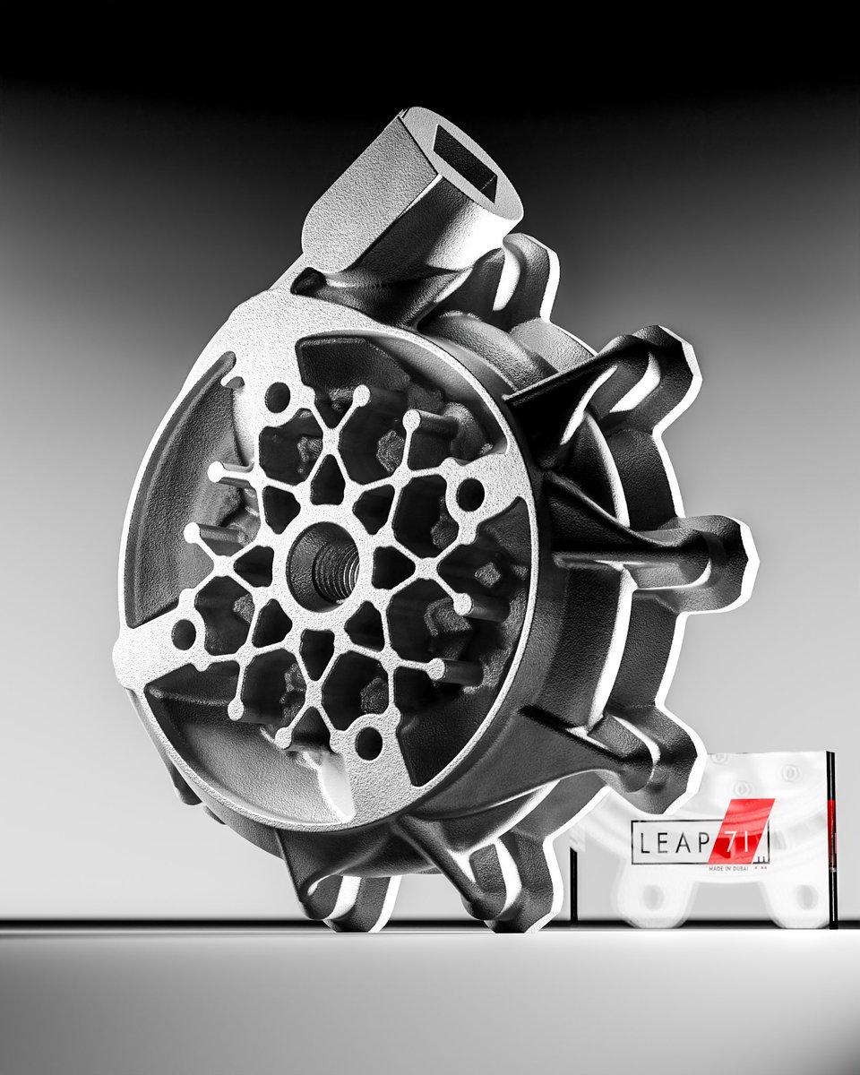 leap_71's tweet photo. Injector head for a 28 kN MethaLOX rocket engine designed by Noyron Large Computational Engineering Model. Coaxial swirl injector elements and central torch ignition port. Ox-inlet on the side, methane supplied by the cooling channels from the combustion chamber. https://t.co/5X3Suf3kHt