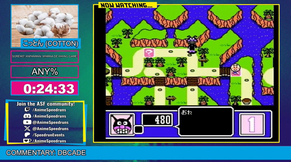 Are you seeing this! <a href="/cotton_rta/">こっとん</a> is playing the most RNG  heavy game I have ever seen. Soreike! Anpanman: Minnna de Hiking Game! is not for normal gamers, yet alone normal speedrunners. 

Dare to test your mental prowess, come see the ending live. We already are on MAP 6!