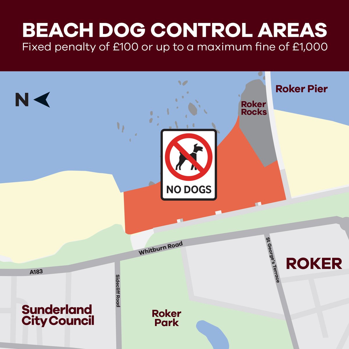 SunderlandUK's tweet photo. 🐕A reminder that our seasonal dog exclusion zones at our beaches are now in place until 30 September.

The dog exclusion zones apply to a section of Roker beach and to a limited stretch of beach at Seaburn, from 1 May to 30 September. 
1/2 https://t.co/Xmxzhu0VxX