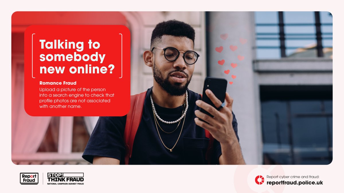 reportfrauduk's tweet photo. 🚨Talking to somebody new online? Criminals perpetrating romance fraud stole over £102M last year.

ℹ️ Use reverse image search tools to check that the person's profile photos are not associated with another name.

#RomanceFraud https://t.co/U8QfAS9OVd