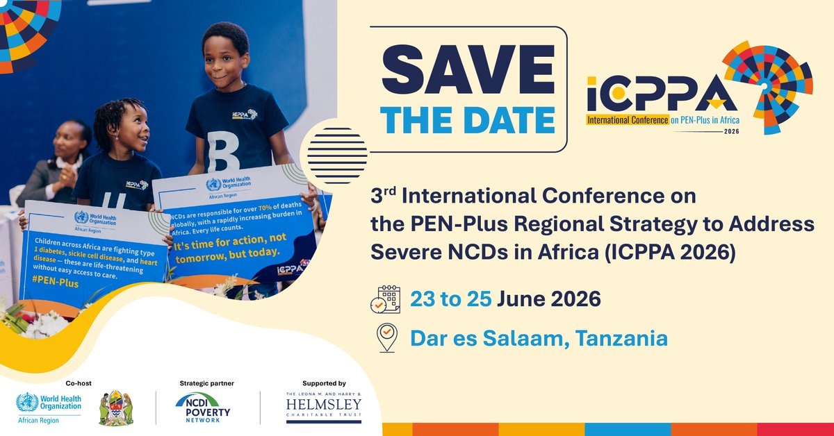 WHOAFRO's tweet photo. Countries across Africa continue to strengthen the response to severe NCDs, with growing progress in expanding #PENPlus implementation and bringing lifesaving care closer to communities.

Join us for #ICPPA2026 (23–25 June) to explore recent advances, country experiences and best practices in severe NCD care.

Learn more: https://t.co/uOTHpBfvuv