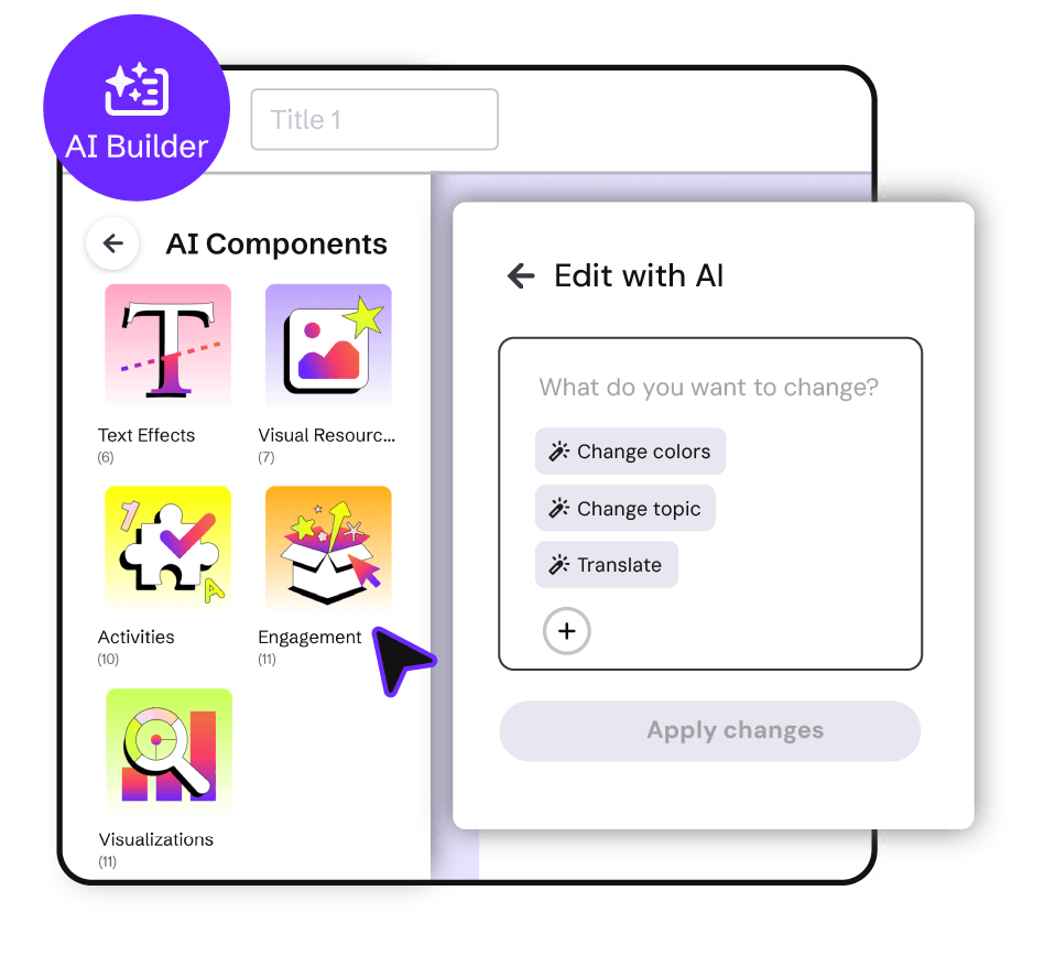 genially_es's tweet photo. Crea componentes con IA ✨ ¿Has probado AI Builder? Es la nueva forma de crear piezas para tus creaciones. Si lo prefieres, ya tienes +45 componentes para personalizar. Conoce más aquí: https://t.co/AmSw2Cr1A7 https://t.co/nGxAn2QH8p