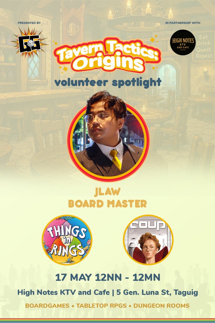 ggphorg's tweet photo. This time, JLaw steps into the spotlight as a Board Master for Tavern Tactics: Origins 🎲

A game of tactical deception or put your thing, in the proper ring? JLaw has you covered!

@highnotesktv  – 5 Gen. Luna St, Taguig
17 May 12PM - 12AM
Sign up below:
https://t.co/y3k2rddnfT https://t.co/QWKgu9bfWg