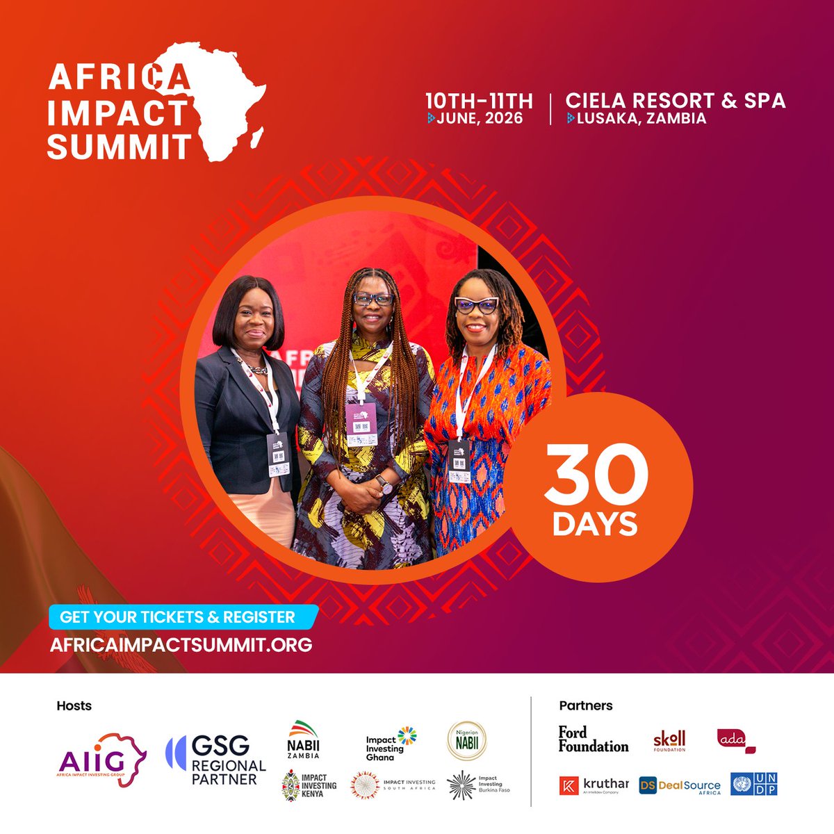 AFimpactsummit's tweet photo. 30 Days to Go!

The countdown is on for the #AIS2026

- Delegates are confirming. The room is taking shape.
- Early Bird rates closing soon
 - Deal Room and Investor Connect application deadline approaching

📅 10–11 June 2026

Register today:https://t.co/7ktPxrdFFG https://t.co/J5Cy0bApfj