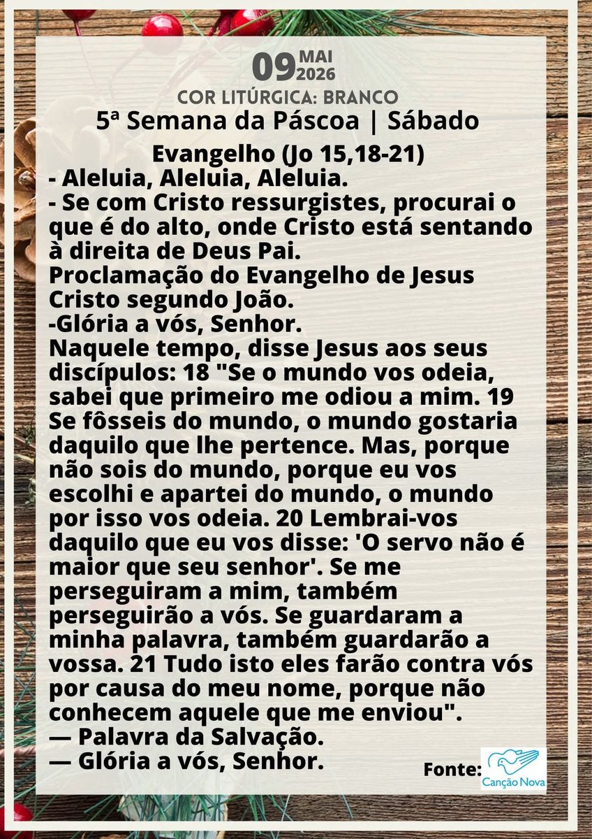 LucivaldoJr's tweet photo. Sábado, 09.MAI.2026
Bom dia, Amigos(as)!
Sugestão para leitura:
Evangelho de São João 15,18-21
#EvangelhoDoDia
#TempoPascal
#VSemanaDaPáscoa
#AnoJubilarFranciscano
#SãoFrancisco800Anos https://t.co/w07EK7wOr5