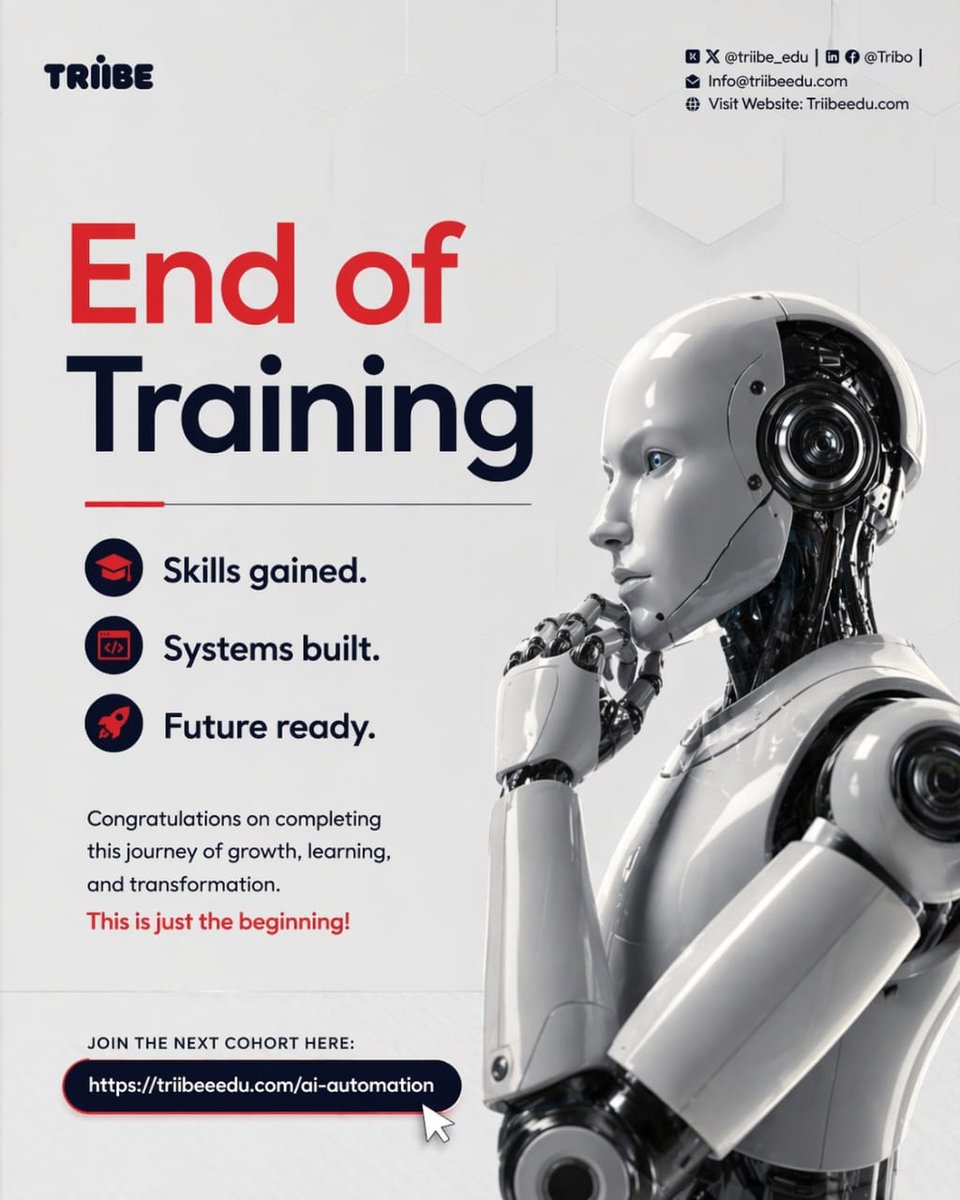 triibe_edu's tweet photo. Today marks the successful completion of another cohort of our AI Automation Training Program.

Over the past weeks, participants have undergone an intensive, hands-on learning journey centered on artificial intelligence, workflow automation, and intelligent system design. Through practical projects and real-world use cases, they have developed the technical expertise required to build and deploy scalable automation solutions.

This cohort has demonstrated exceptional discipline, creativity, and commitment qualities that reflect a readiness to contribute meaningfully to the evolving world of AI-driven work.

Skills developed. Systems built. Futures redefined.

We commend every participant for reaching this milestone. Their achievement represents not only technical growth, but also the mindset needed to thrive in an increasingly intelligent and automated world.

The training may have concluded, but the journey of innovation, creation, and leadership with AI is only just beginning.

#AIAutomation #WorkflowAutomation #Zapier #Asana #ArtificialIntelligence #Automation #FutureOfWork #NoCode #NoCode
