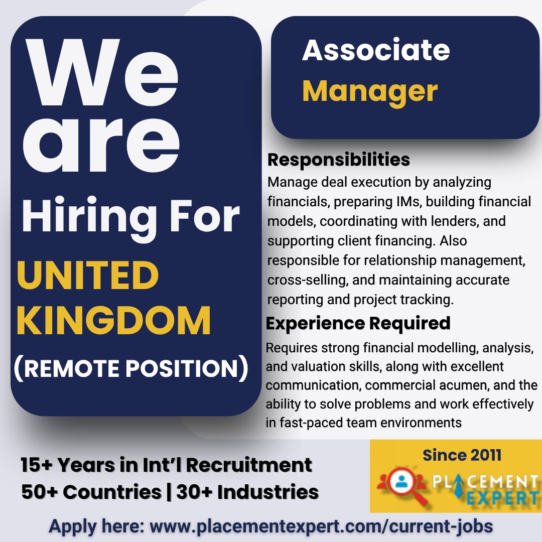 placementxpert's tweet photo. 📍Exciting Remote Career Opportunity

We are hiring an Associate Manager for a reputed firm.
Remote Position

For more details visit: https://t.co/cgSnVDjuif

#placementexpert #RemoteJobs #WorkFromHome #Hiring #AssociateManager #CareerOpportunity #ApplyNow #Recruitment #WFHJobs https://t.co/4hWB58ulOy