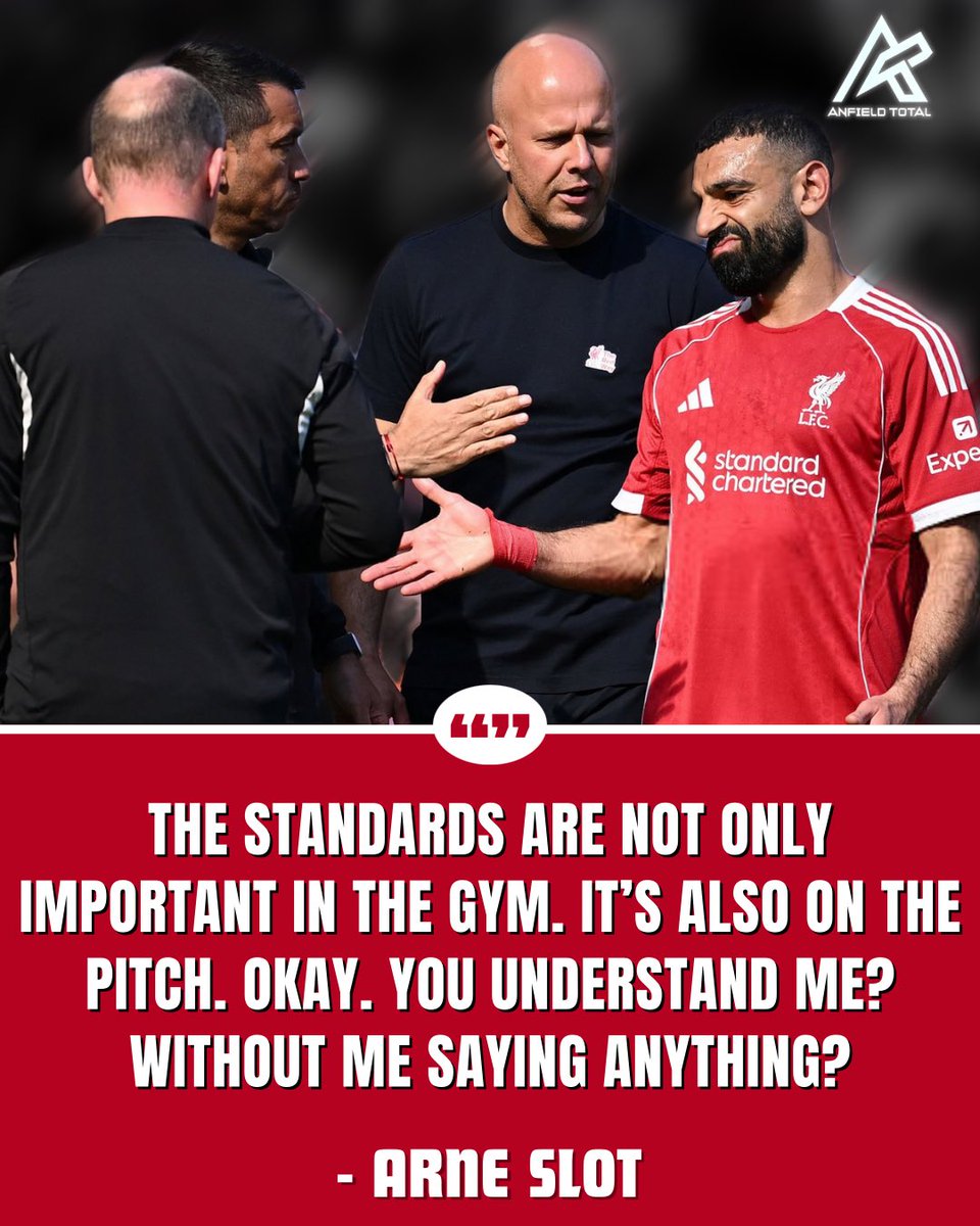 AnfieldTotal_'s tweet photo. 🚨🗣️ Arne Slot responds to Salah’s concerns over standards:

“The standards are not only important in the gym. It’s also on the pitch. Okay. You understand me? Without me saying anything?” https://t.co/RJpbWqbtoO