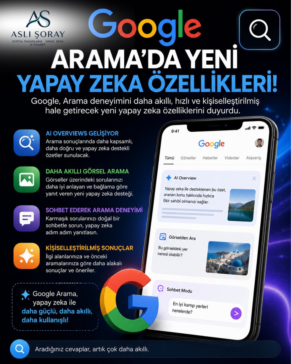 aslisoray's tweet photo. 🚀 Google Arama deneyimi artık bambaşka bir seviyeye çıkıyor!

Google, yapay zekâ destekli yeni arama özelliklerini duyurdu. Artık aramalar daha akıllı, daha hızlı ve çok daha kişiselleştirilmiş olacak. 🤖✨

#Google #YapayZeka #AI #Teknoloji #GoogleSearch #TechNews #Dijital https://t.co/Fu4V7D2Ass