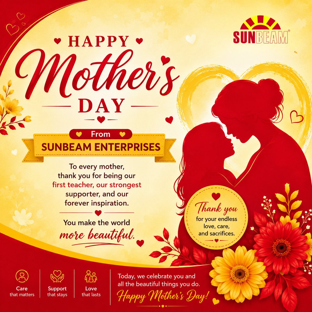 EaSunbeam53503's tweet photo. A mother’s love is the heart of every family ❤️
Today, we celebrate the strength, care, and endless sacrifices of all mothers around the world.
Happy Mother’s Day from Sunbeam Enterprises 🌸

#HappyMothersDay #MothersDay #SunbeamEnterprises #MotherLove #ThankYouMom https://t.co/nxxVXJiuax