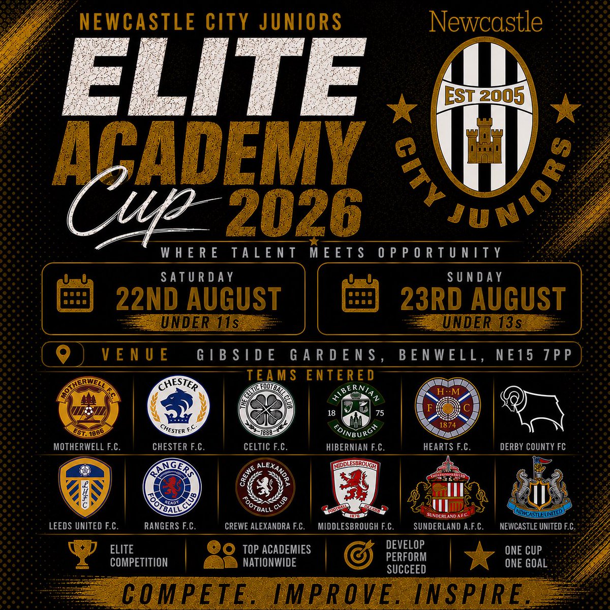 CityJuniors2005's tweet photo. 🏆 Newcastle City Juniors Elite Academy Cup 2026 🏆

Top academy &amp; elite grassroots teams from across the UK will compete in Newcastle this August ⚽️

📅 U11s – Sat 22nd Aug
📅 U13s – Sun 23rd Aug

📍 Gibside Gardens, Benwell

🔥 COMPETE. IMPROVE. INSPIRE. 🔥 https://t.co/nGI3uLRdzy