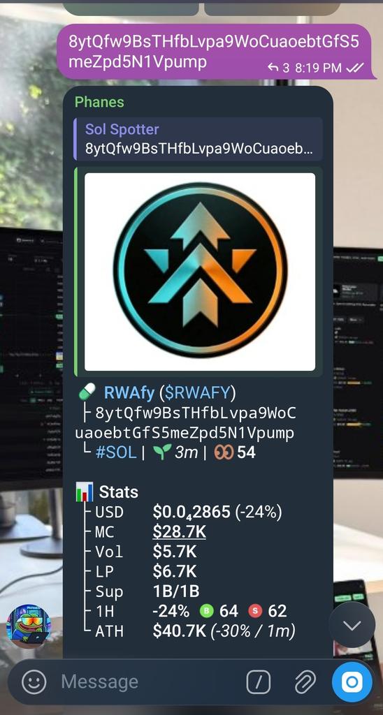 alphaspoter_sol's tweet photo. ENTRY  $RWAFY

Ca
8ytQfw9BsTHfbLvpa9WoCuaoebtGfS5meZpd5N1Vpump

#earlylisting #100x #10xcoins #alpha #memecoins #bitcoin 
#Ethereum #trending #viral #usa #Dubai #cryptocurrency https://t.co/QkeJN2HWM3