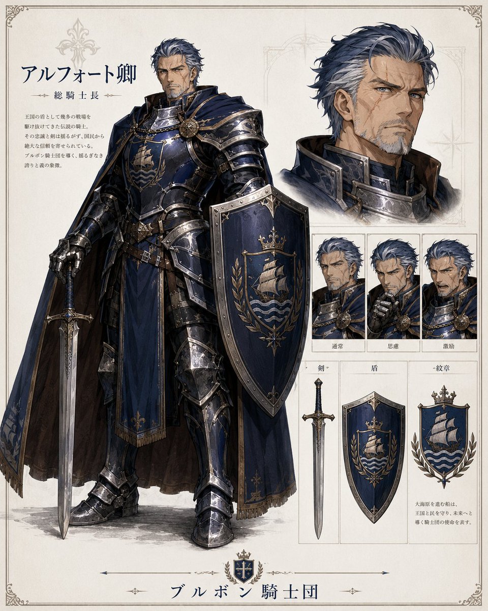 Pirukuru_junkie's tweet photo. 【ブルボン騎士団人物録】

アルフォート卿  
王国守護卿／総騎士長

海を越え、戦場を越え、王国を守り続けた老騎士。

盾に刻まれた帆船は、民を未来へ運ぶ誓い。
彼が前線に立つ限り、王国の夜明けは失われない。 https://t.co/7q4tQOI0Ah