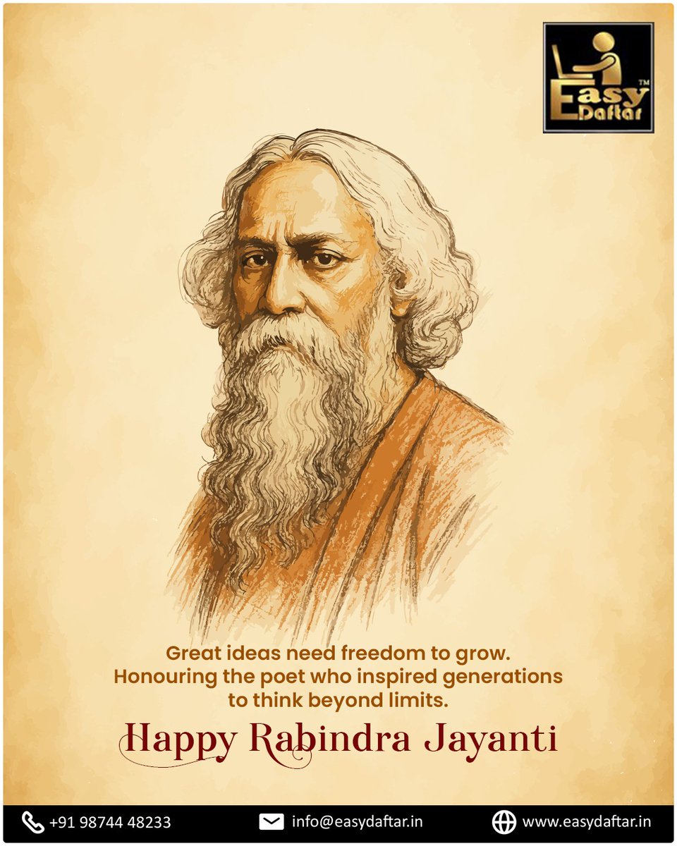 Easydaftar's tweet photo. Celebrating the poet who taught generations to think freely, create fearlessly, and imagine beyond limits. 

A tribute to Rabindranath Tagore and the timeless legacy of ideas, art, and expression.
Happy Rabindra Jayanti 

[ Rabindra Jayanti, Rabindranath Tagore, Easy Daftar ] https://t.co/41vw2Tsajn