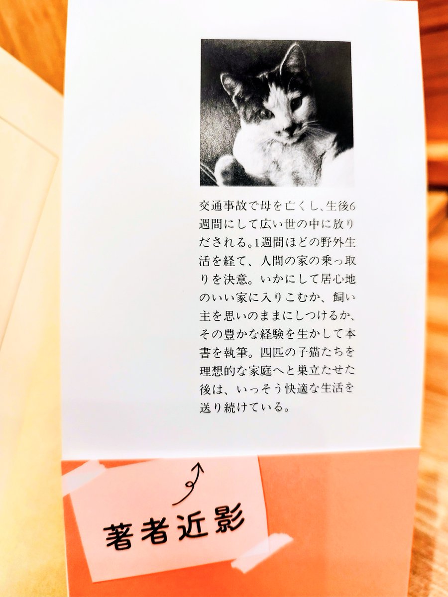 執筆者は猫。

著者近影と紹介が印象的。

「・・・人間の家の乗っ取りを決意。いかにして居心地のいい家に入りこむか、飼い主を思いのままにしつけるか、その豊かな経験を生かして本書を執筆。・・・」