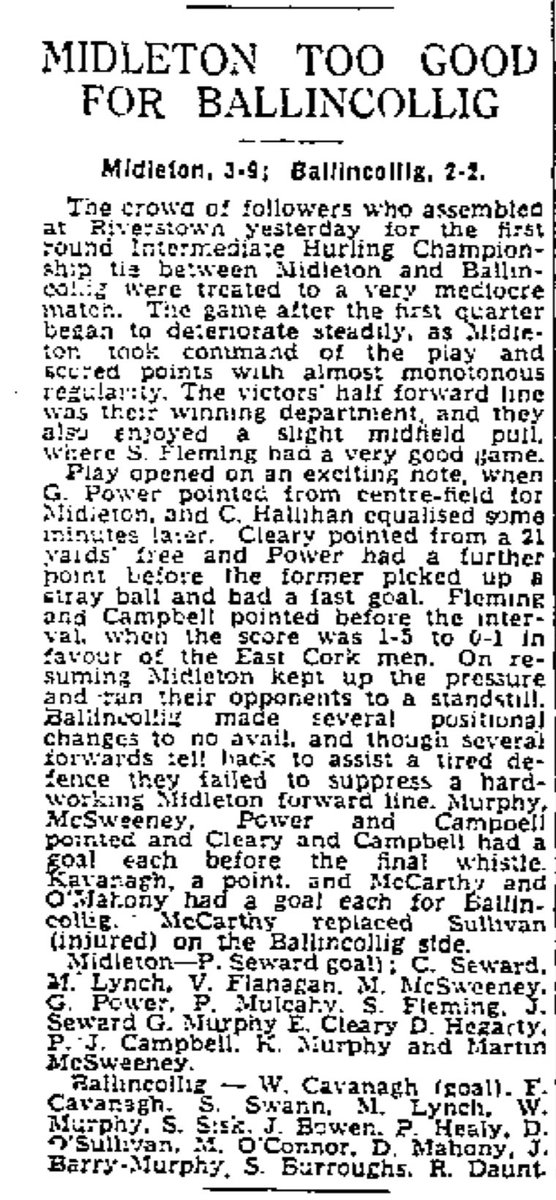HurlingHistory's tweet photo. On this day in 1948 @MidletonGaa and @BallincolligGAA clashed in the @OfficialCorkGAA County Intermediate Hurling Championship at Riverstown with victory going to the Magpies on a full time score line of 3-09 to 2-02 #corkhurlinghistory #midleton #magpies #gaa ⬜️⬛️ https://t.co/1RChEFq5St