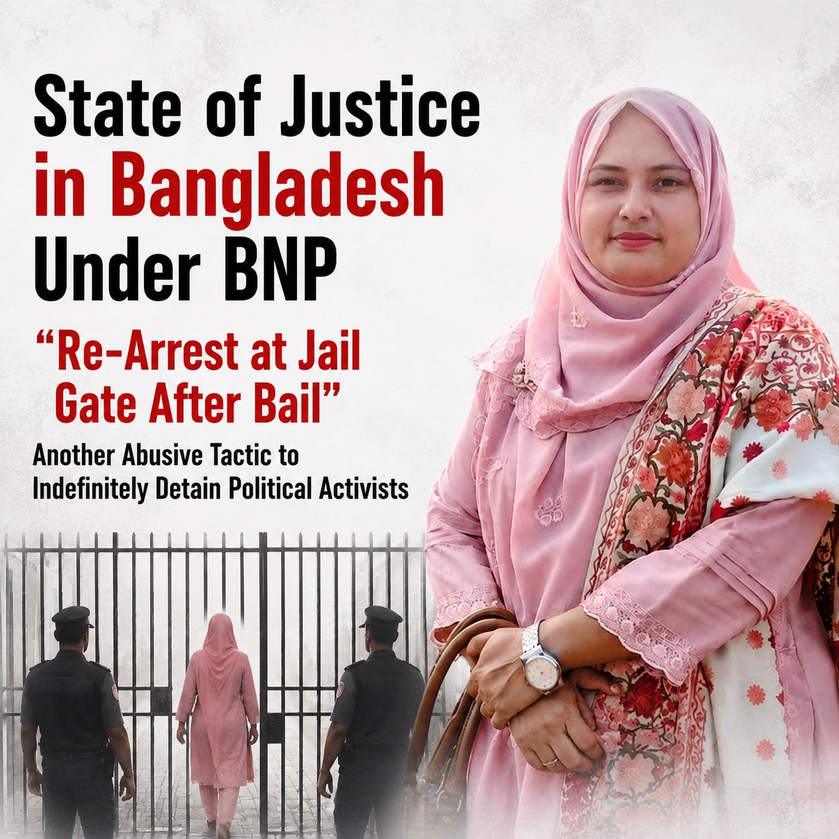 bdwatch2024's tweet photo. Arrested at the Jail Gate: Yet another repressive tool being used to facilitate the indefinite detention of political activists in #Bangladesh.

Kazi Sonia Sultana, the Organising Secretary of the #AwamiLeague’s #Magura district unit and a former elected Vice-Chairman of the Magura Sadar Upazila Council, was arrested and detained in a case filed under the Anti-Terrorism Act by a local #BNP leader.

As has increasingly become the norm in “new” Bangladesh, she was denied bail by the lower courts. In the current political climate, few judges or magistrates appear willing to grant bail to individuals affiliated with political parties perceived to be rivals of the ruling establishment.

However, on 7 May 2026, Sonia Sultana was finally granted bail by the High Court. On the morning of 8 May 2026, as she was being released from Magura District Jail, she was re-arrested by police directly at the jail gate.

According to the Officer-in-Charge of Magura Sadar Police Station, she was taken into custody again due to a specific “allegation” against her in a separate #vandalism case.

News:

https://t.co/2cYPHl6NbM

This reflects yet another abusive tactic being employed by law enforcement agencies in Bangladesh at the behest of the #BNP Govt to prolong the detention of #AwamiLeague-affiliated political detainees indefinitely.

The playbook has become increasingly familiar:

If there is sufficient time between a court granting bail and the detainee’s scheduled release, police seek to have the person “shown arrested” in a new case. Where the interval between bail and release is short, police instead rearrest the detainee immediately in connection with another cognisable offence and then initiate fresh legal proceedings afterward.

The objective appears straightforward: once detained, ensure there is no meaningful possibility of release.

Such practices strike at the heart of due process, the presumption of innocence, and the rule of law. The repeated use of “shown-arrested” and “re-arrests” to circumvent bail orders undermines public confidence in both the #justice system and constitutional protections.

If Bangladesh is to genuinely chart a democratic future for itself, then respect for the universality of human rights and the independence of the legal process must be upheld consistently, regardless of political affiliation. 

…

#BangladeshCrisis @meeganguly @PearsonElaine @job71org  @ESandersFCDO @AgnesCallamard @amnestysasia @hrw @BonaveroIHR @IBAHRI @FortifyRights @forum_asia @HRF @volker_turk @UNHumanRights @SRjudgeslawyers @fidh_en @StateDRL @UN_HRC @justiceinfonet @Kennedy_HRC @CIVICUSalliance @EURightsAgency @fidh_en @humanrights