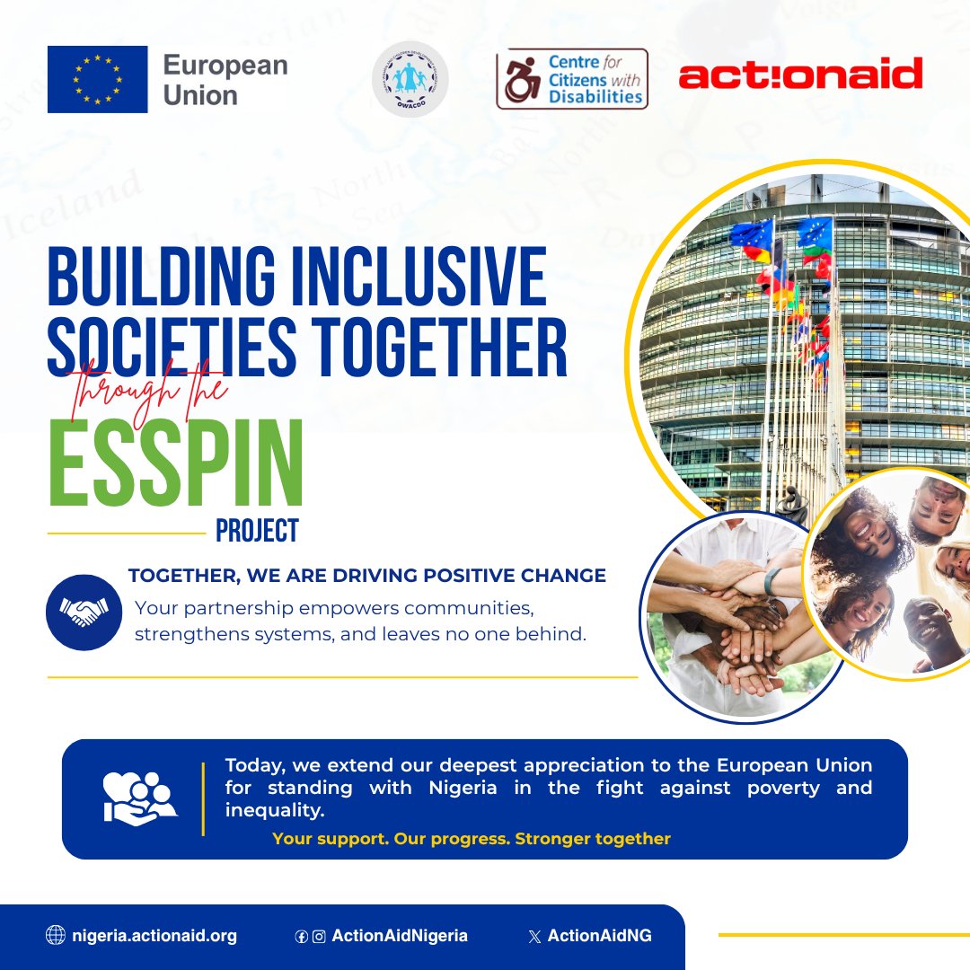 ActionAidNG's tweet photo. Today, we celebrate #EuropeDay2026 and the shared values of peace, solidarity, inclusion, and social justice.

Through the European Union Support for Strengthening Social Protection in Nigeria (#ESSPIN) Project, ActionAid Nigeria and partners continue BUILDING INCLUSIVE SOCIETIES TOGETHER by strengthening social protection systems and supporting vulnerable communities across Nigeria.

#EuropeDay #ESSPIN #SocialProtection #EUinNigeria #ActionAidNigeria #InclusiveDevelopment #StrongerTogether