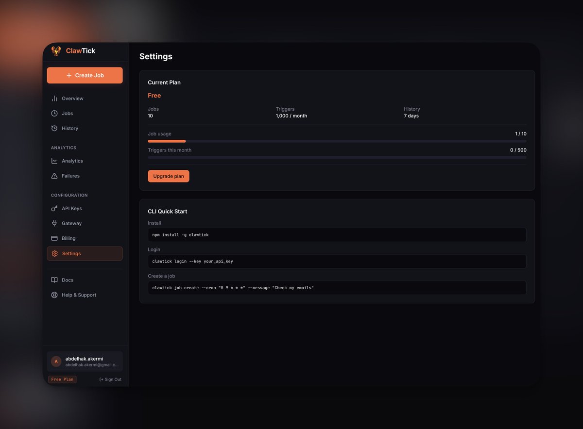 clawtick's tweet photo. New: Job quota warnings in the dashboard

Now you see exactly how close you are to your monthly trigger limit.

No more surprise "quota exceeded" errors mid-workflow.

Free: 500 triggers
Starter: 5K triggers
Pro: 50K triggers https://t.co/GF0doGzYHw