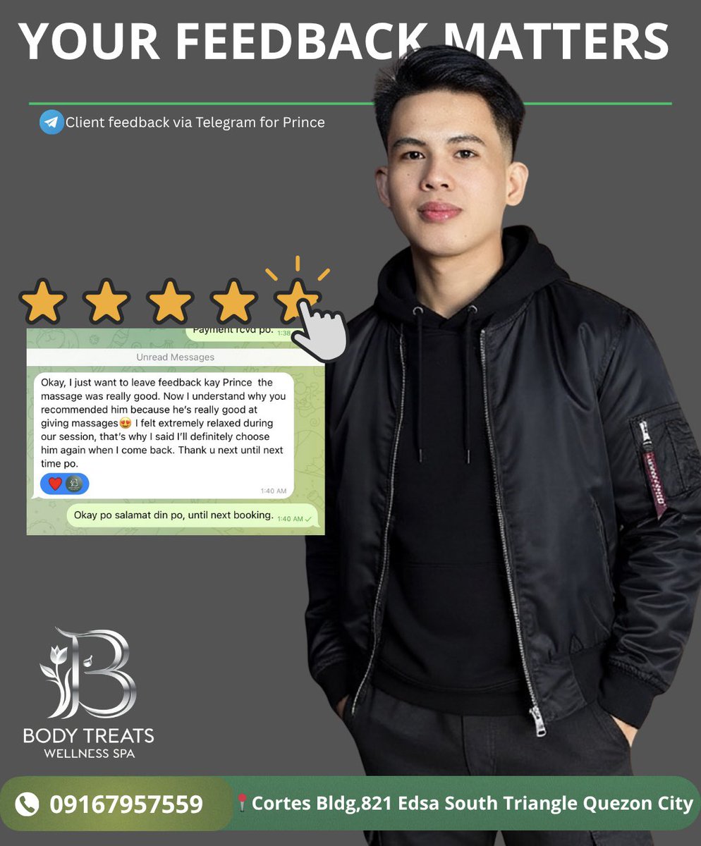 btwsreviews's tweet photo. 📢Great feedback for Prince 🙌
Relaxing service, great experience, and definitely worth trying.
#ClientFeedback #RelaxAndRecharge #SpaExperience https://t.co/4GWUSM9KRI