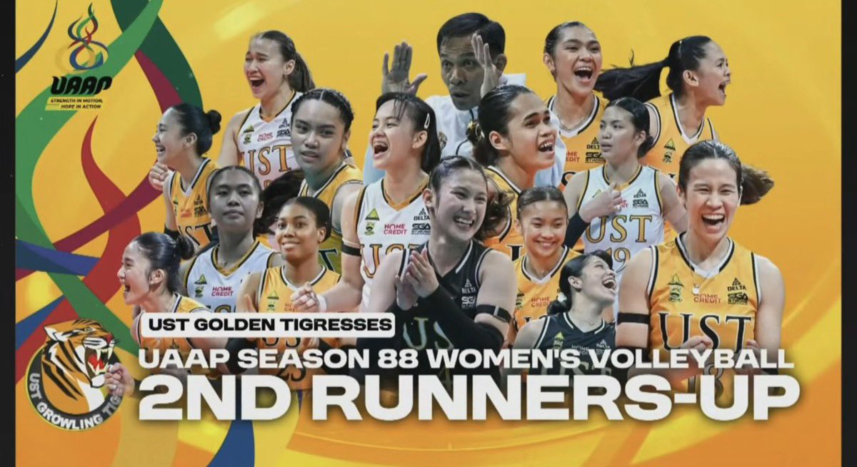 Volleystats1611's tweet photo. #UAAPSeason88
Women’s Volleyball

🥉2nd Runners-up
🐯University of Santo Tomas Golden Tigresses https://t.co/BlcY6G3lTd