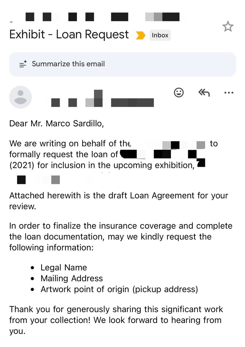 MarcoSardillo's tweet photo. A few weeks ago, while at an art gallery, I told my friends: someday, long after I’m gone, I hope that one of my artworks will be exhibited here. Today, I got this email. (On a serendipitous note, when I said that, I was thinking of this particular artwork! 🥹🤯) https://t.co/q9dOhFI1vm
