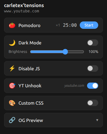 _carletex_'s tweet photo. Inspired by this, created a single extension with a handful of features that replaced a bunch of my installed extensions. Screen/cam recorder next.

Fork it and tweak it! https://t.co/O92X3YBHzD