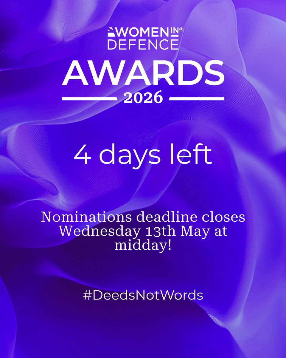 womenindefence's tweet photo. Only 4 days left for the Women in Defence UK Awards 2026. Have you thought of the Equity of Opportunity Award for those who have worked to create an environment where gender equity is valued. Link in our bio for more information. #DeedsNotWords #WeAreWomenInDefence #WiDAwards26 https://t.co/zeWZcmzLcy