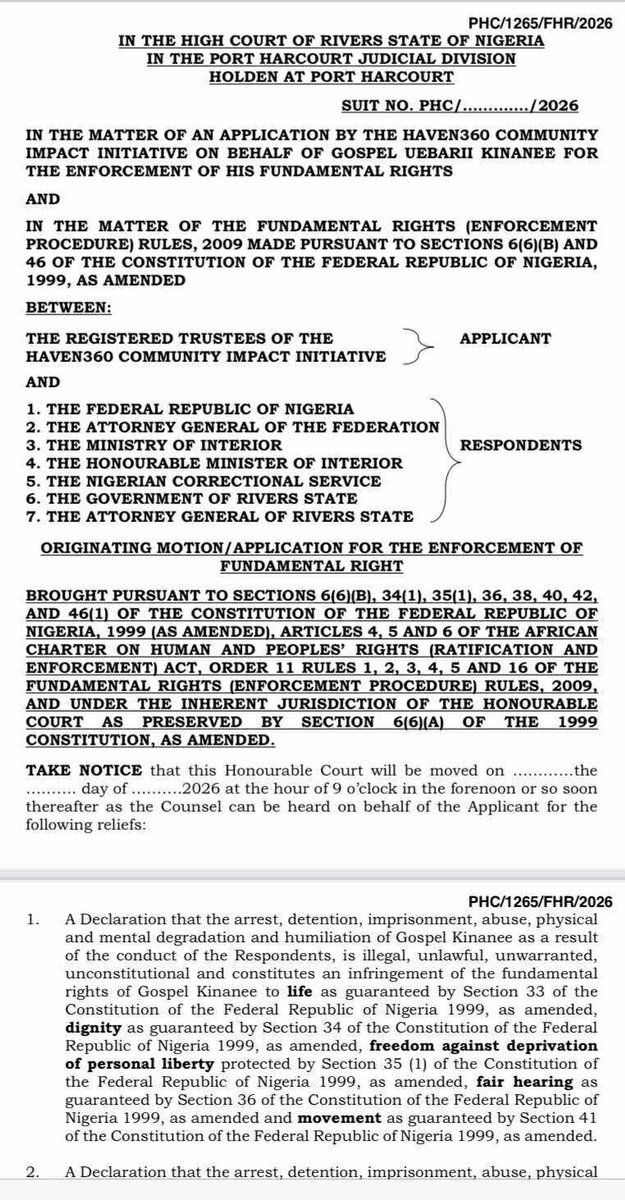 phspecials's tweet photo. *Boy Who Vanished at 14, Found Mentally Broken After 18 Years in Prison, Sues FG for ₦10bn*

Gospel Uebari Kinanee, the young man who was allegedly detained in prison for eighteen (18) years without trial, record, or trace after disappearing as a 14-year-old boy, has instituted a ₦10 billion fundamental rights enforcement suit against the Federal Government of Nigeria and other relevant authorities over his prolonged detention and resulting mental deterioration.

The suit, filed before the High Court of Rivers State by the Haven360 Foundation, the organization credited with securing his release in 2025 alleges that Gospel was unlawfully abandoned within the correctional system for nearly two decades, during which he reportedly developed severe mental and psychological disorders.

According to court documents, since his release in July 2025, several letters and appeals were reportedly sent on Gospel’s behalf to the Federal Government, the Ministry of Interior, the Rivers State Government, NDDC, HYPREP, and other relevant authorities seeking urgent assistance for his psychiatric treatment, rehabilitation, and welfare. However, the requests were allegedly ignored, declined, or left without acknowledgment, leading to the institution of the present lawsuit.

The action seeks redress for the alleged violation of his constitutional rights, unlawful detention, loss of his childhood, psychological trauma, and irreversible damage to his mental health and livelihood.

The matter is scheduled to come up for hearing on the 14th of May, 2026 before Hon. Justice Okogbule Gbasam at the Rivers State High Court, Port Harcourt Judicial Division.