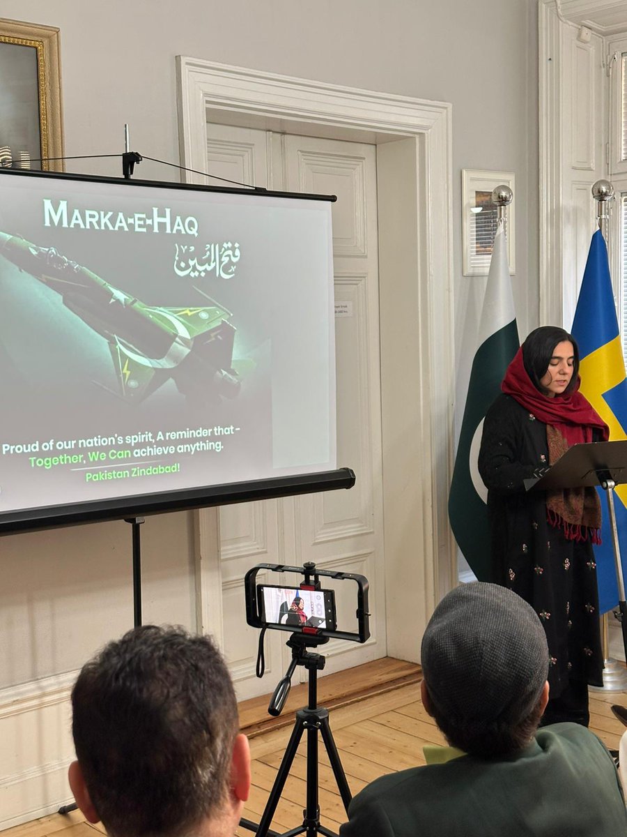PakinSweden's tweet photo. The Embassy of Pakistan in Stockholm organized a commemorative event marking the first anniversary of Marka-e-Haq. Members of the Pakistani diaspora from all walks of life—including students, journalists, and entrepreneurs—attended the gathering. A message from the Deputy Prime Minister/Foreign Minister was read out, lauding the unity and immutable resolve that prevailed against a much bigger enemy. 
@PkPublicDiplo @ForeignOfficePk @epwing_official