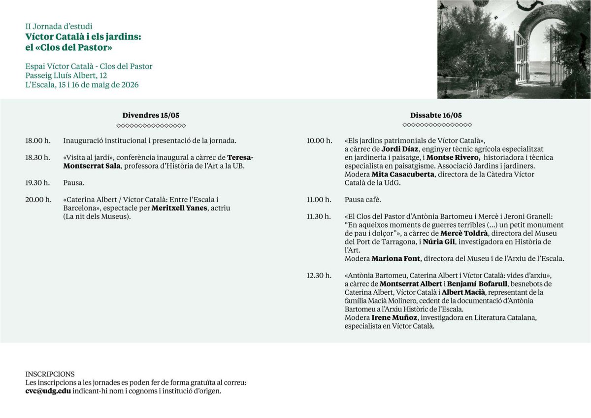 Irenemupairet's tweet photo. El divendres 15 i el dissabte 16 de maig, l'espai el Clos del Pastor, de l'Escala, acollirà la segona jornada d'estudi "Víctor Català i els jardins", organitzada per la Càtedra Víctor Català i el Museu de l'Escala. Hi esteu convidats/dades! https://t.co/XUzmrWMDmM